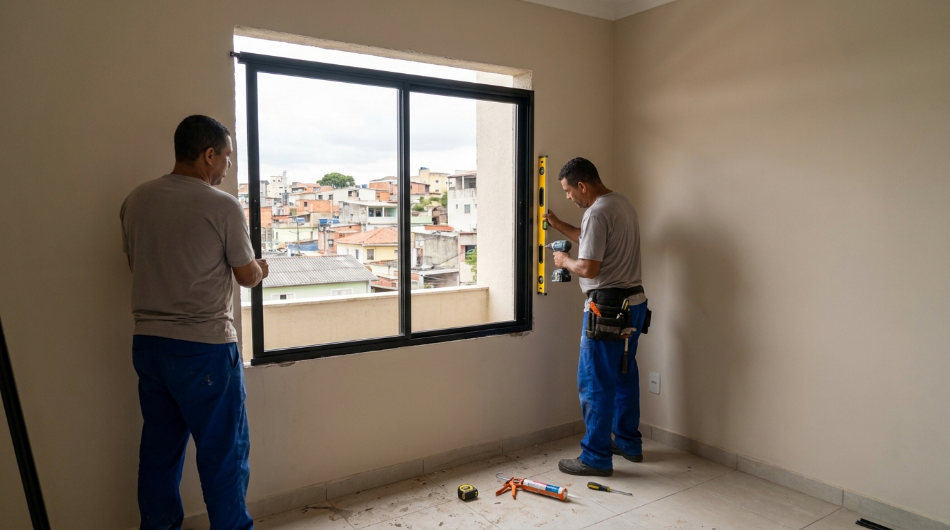 Esquadria de alumínio em quarto bege em Aparecida de Goiânia-GO